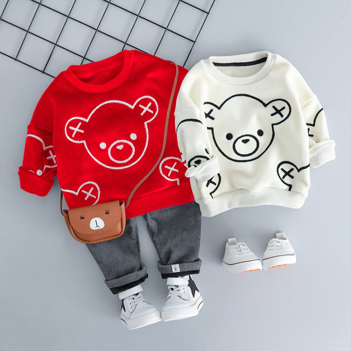 Get Cozy This Season: Autumn and Winter Fleece Cartoon Bear Pattern Children’s Pullover Set – Black Friday Special